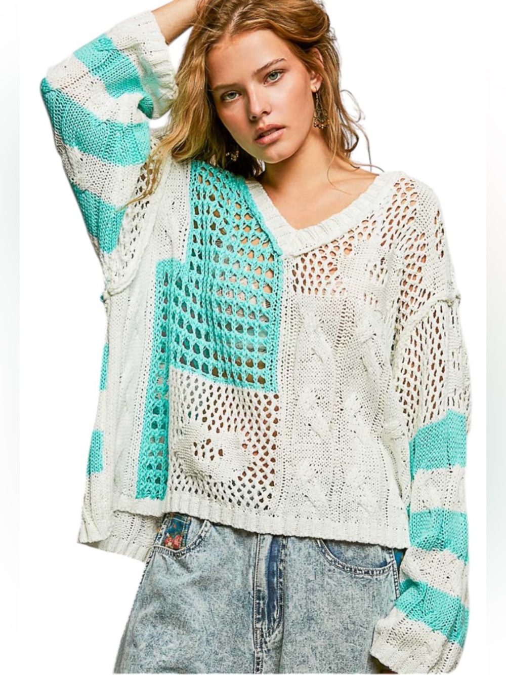 POL Open Knit V‑Neck Sweater in White and Aqua